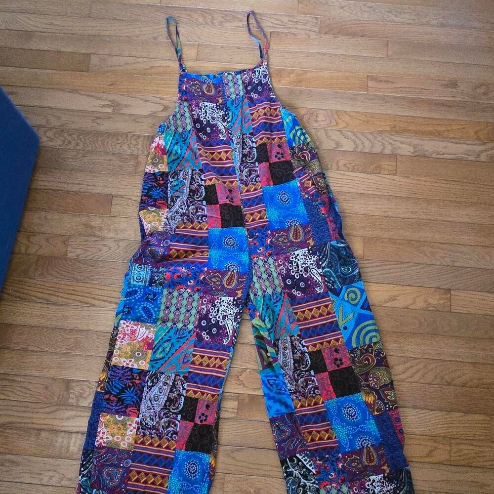 Patchwork jumpsuit with multicolored geometric and paisley patterns in size S